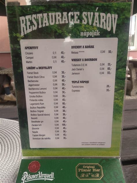 Menu at Restaurace Svárov restaurant, Ceska Lipa